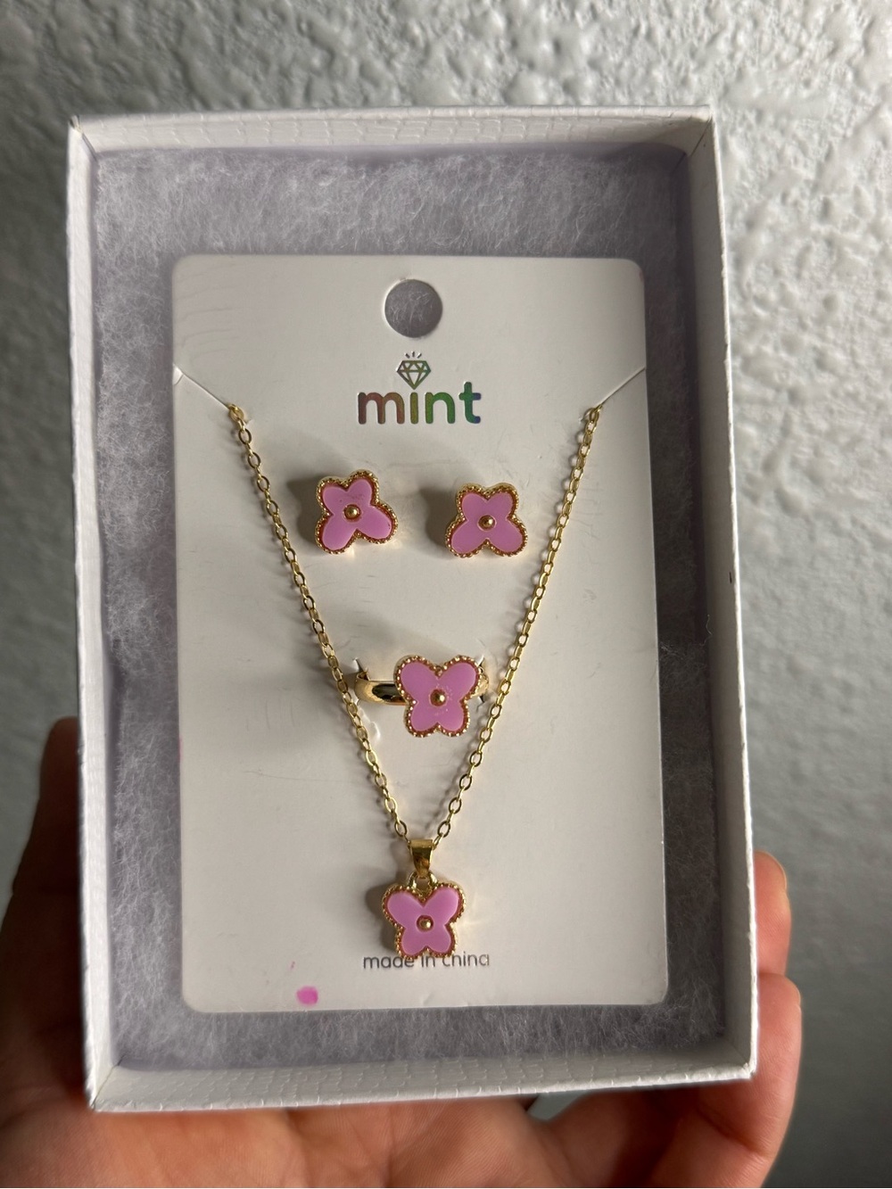 Mint Pink Flower Jewelry Set - Necklace, Ring & Stud Earrings
